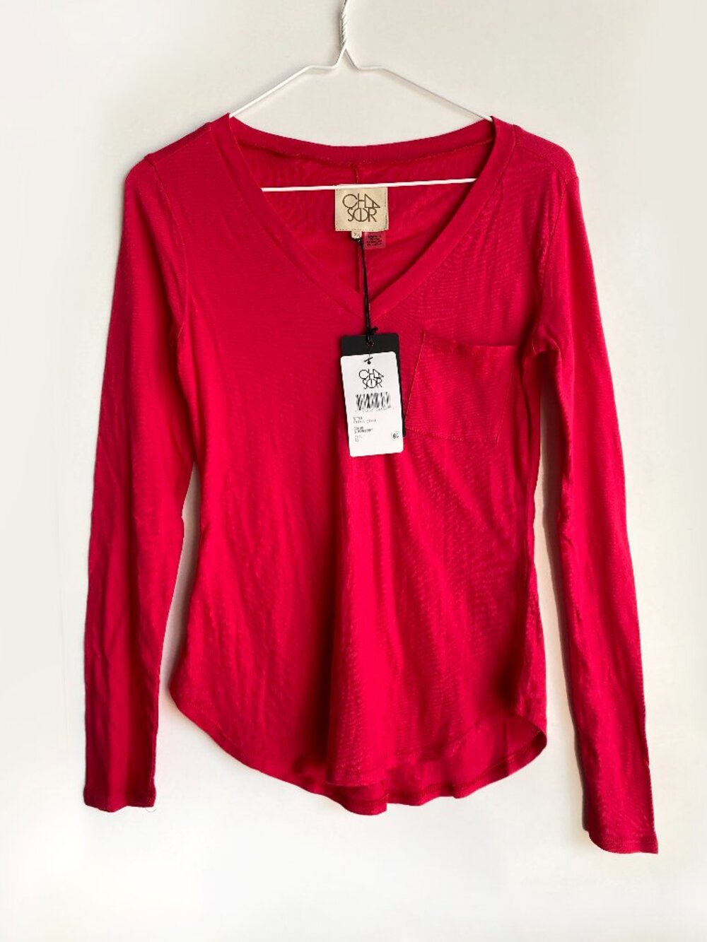 Chaser Cotton Top NWT Long Sleeve V-neck Pocket Strawberry Lightweight Shirt XS